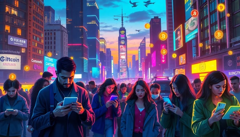 Engage with Crypto through a digital cityscape, where diverse people explore futuristic financial technology.