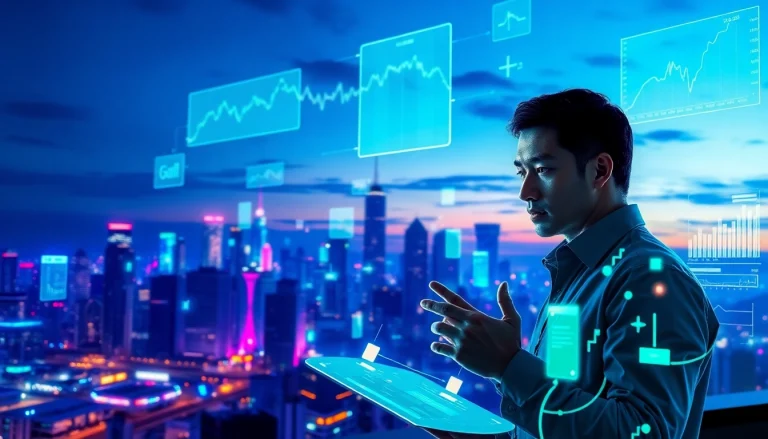 Explore the dynamic world of Tradings through a futuristic trader analyzing glowing data.