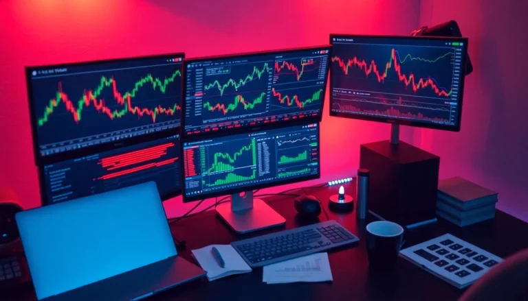 Explore a vibrant trading setup showcasing tradings with colorful charts and financial news on multiple screens.