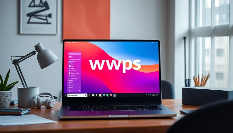 Engage with wps中文版 software interface on a sleek laptop in a bright office setting.