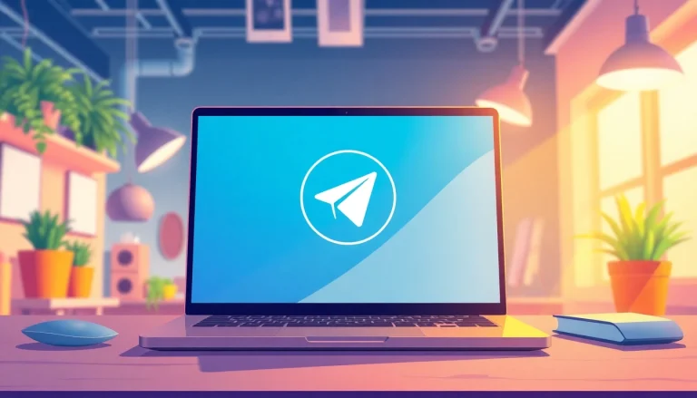 Download telegram电脑下载 on a sleek laptop in a vibrant workspace setting.