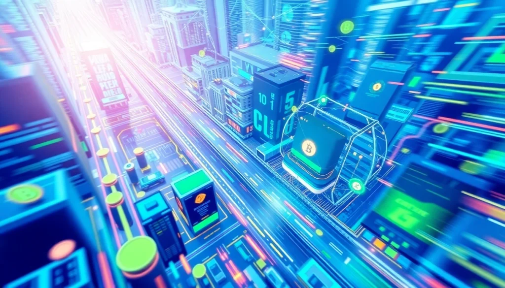 Visualize the innovative landscape of Crypto, showcasing blockchain networks and crypto coins in a dynamic marketplace.