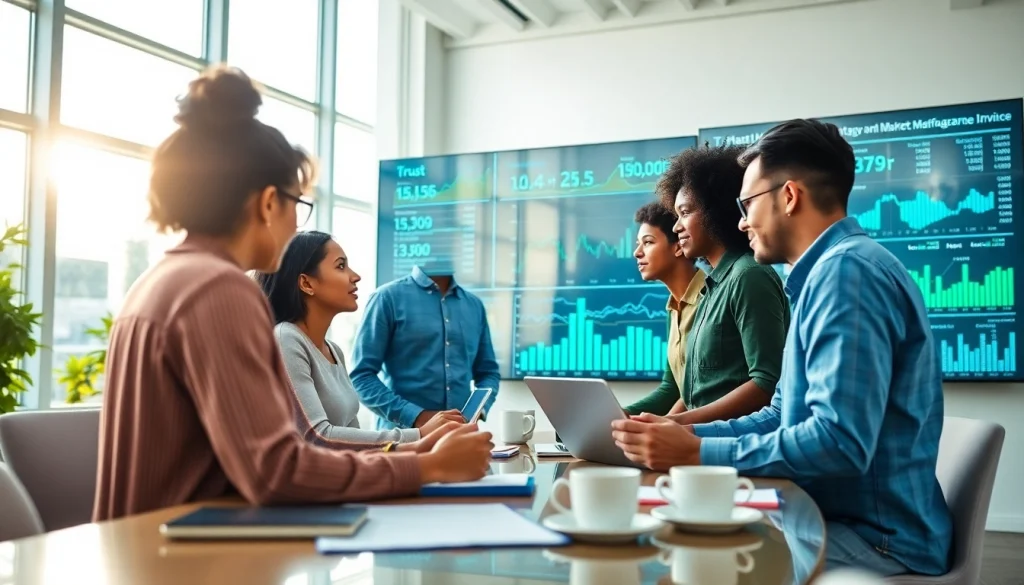 Explore market insights through a dynamic team analyzing data on advanced digital displays, fostering collaboration and informed decision-making.