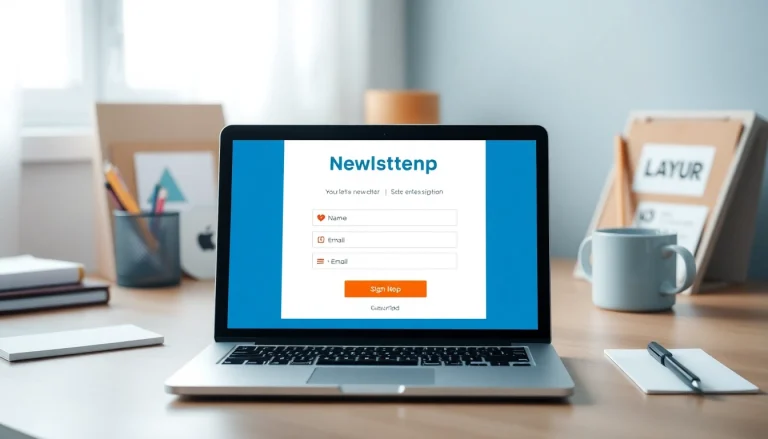 Encourage newsletter signup with a visually appealing digital form on a modern device in an inviting workspace.