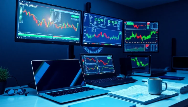 Explore advanced trading tools in an energetic trading desk setup with multiple screens.