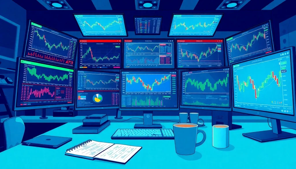 Explore innovative trading tools in a professional trading workspace setup featuring multiple screens, charts, and analytics.