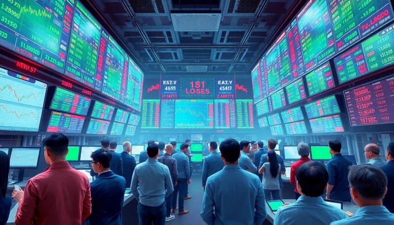 Engage in forex trading with active traders amidst high-tech screens and vibrant charts.