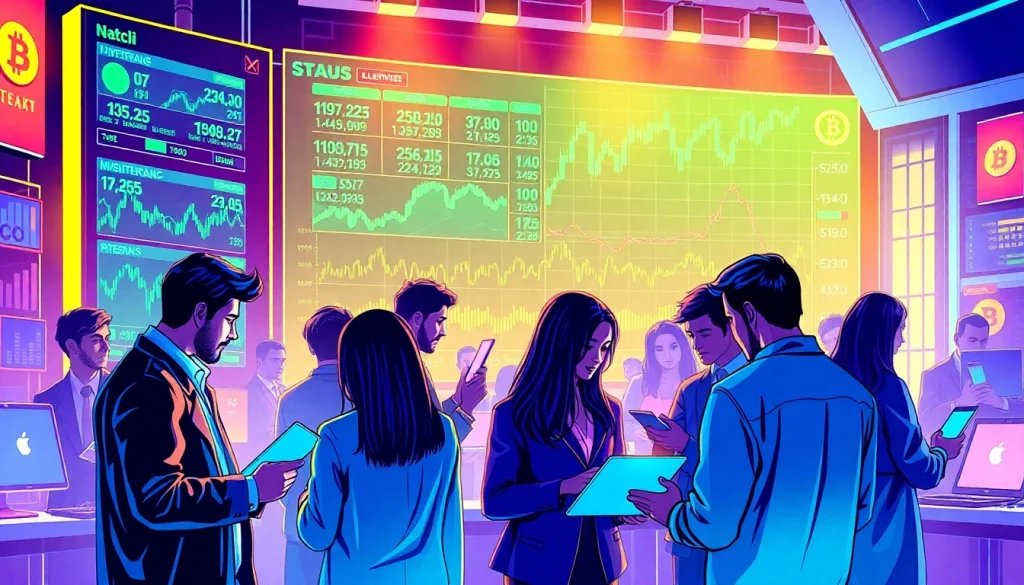 Engage in crypto trading surrounded by vibrant monitors alerting market changes.