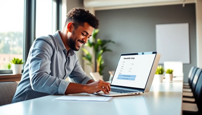 Encourage newsletter signup with an engaging design featuring a diverse individual enthusiastically filling out a signup form.
