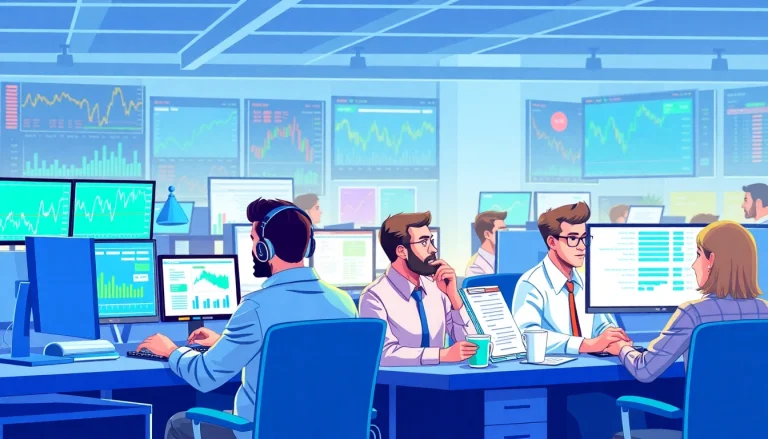 Vibrant scene of retail traders actively mastering online trading in a dynamic workspace.