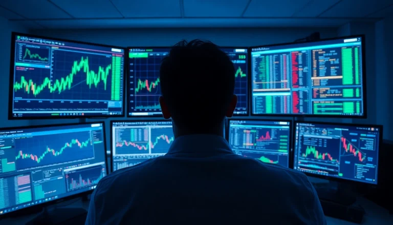 Engage in crypto trading with a sophisticated setup featuring multiple screens for market analysis.
