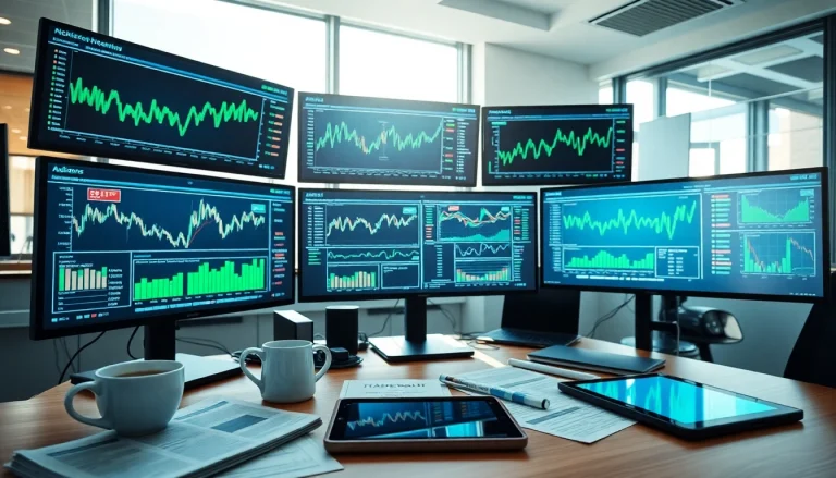 Explore dynamic trading strategies at a high-tech trading desk, showcasing charts and analytical tools.
