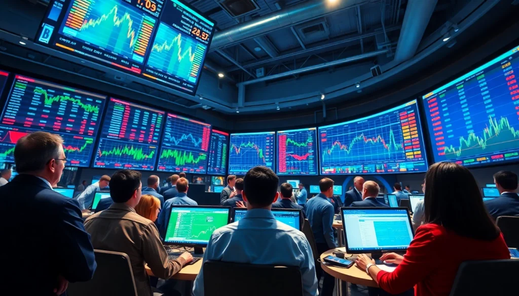 Experience the energy of forex trading with traders analyzing currency charts on vibrant trading floor.