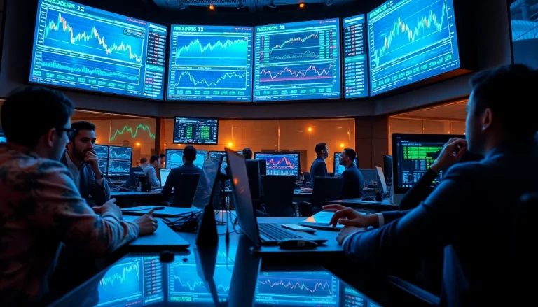 Engage in cfd trading with a diverse group of traders analyzing market trends on multiple screens.