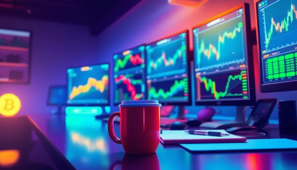 Engage in crypto trading with dynamic visuals of trading desks and cryptocurrency charts.