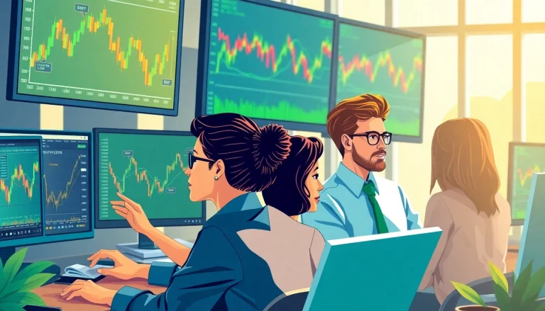 Explore innovative trading strategies through a diverse group of traders analyzing market data on screens.
