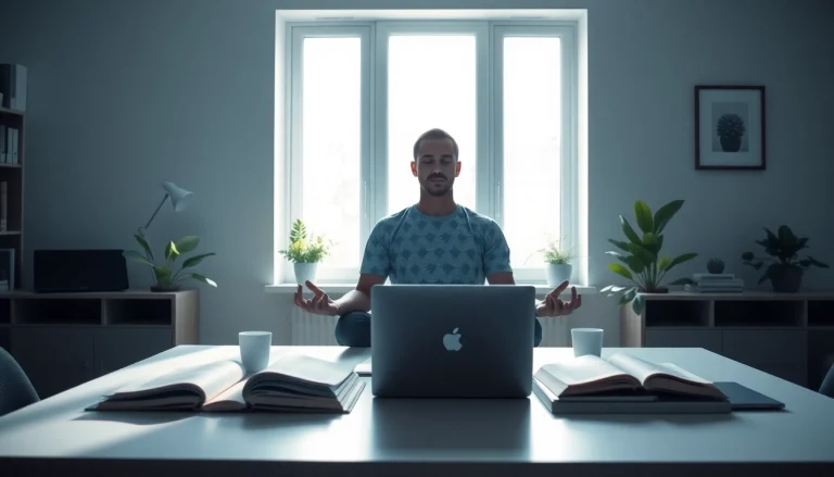 Explore actionable strategies for success with a focused individual meditating in a bright office space.
