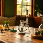 Experience the precision of an electric dab rig, showcased beautifully with colorful concentrates and natural elements.