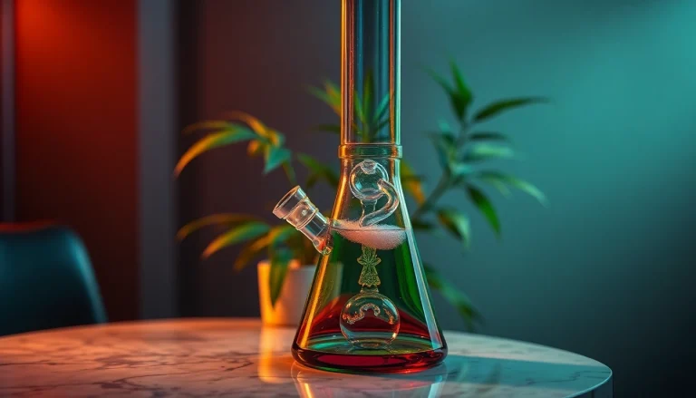 Admire this beautifully crafted bong highlighting its intricate glass design and elegant colors.