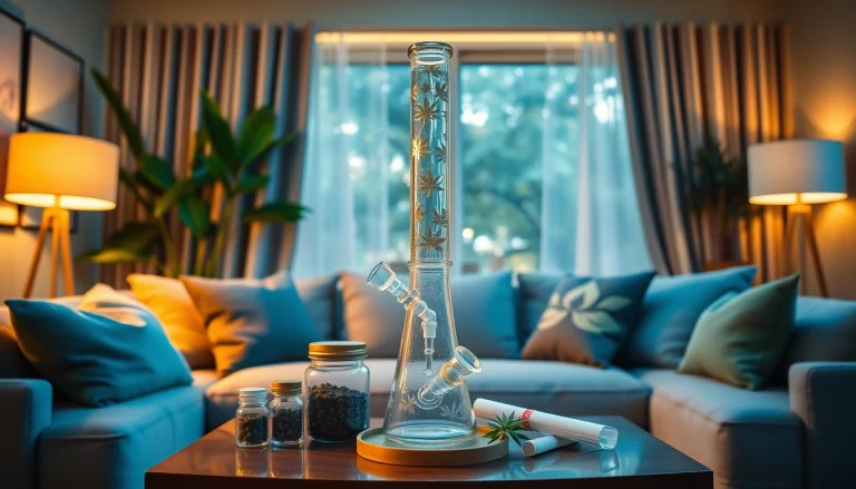 Admire this elegant glass bong setup, featuring an intricately designed bong with cozy decor elements.