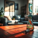 Explore a stunning colorful bong with intricate designs placed on a wooden surface, perfect for elevating your smoking experience.