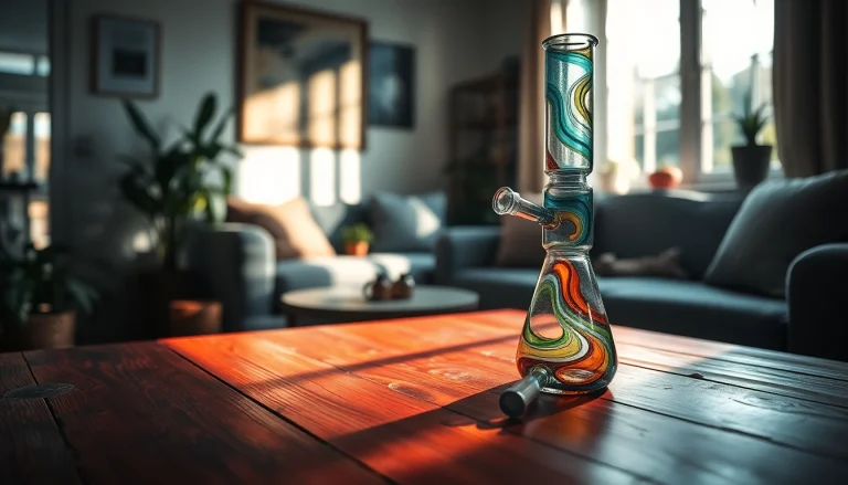 Explore a stunning colorful bong with intricate designs placed on a wooden surface, perfect for elevating your smoking experience.