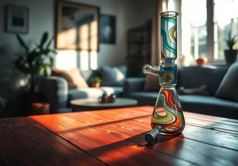 Explore a stunning colorful bong with intricate designs placed on a wooden surface, perfect for elevating your smoking experience.