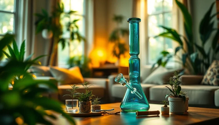 Discover a stunning glass bong showcasing intricate craftsmanship and vibrant colors, surrounded by lush greenery.