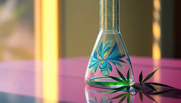 Admire this elegant glass bong, showcasing intricate designs and vibrant colors, perfect for a soothing smoking experience.