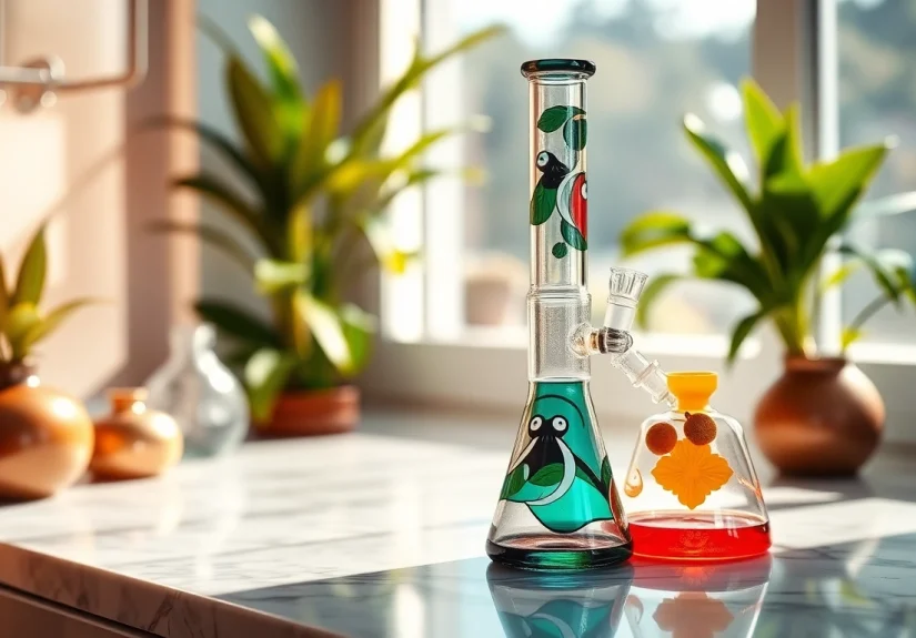 Admire this elegant glass bong showcasing its unique design and craftsmanship.