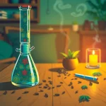 Discover a stylish bong surrounded by herbs and accessories on a wooden table.
