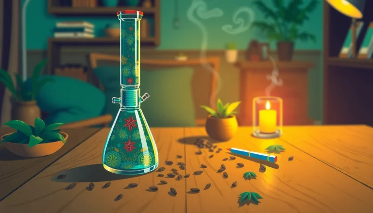 Discover a stylish bong surrounded by herbs and accessories on a wooden table.