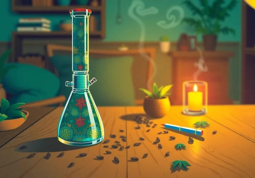Discover a stylish bong surrounded by herbs and accessories on a wooden table.