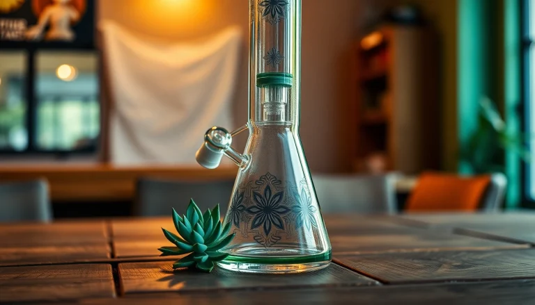 Discover an artistic bong setup with intricate designs, perfect for herbal enthusiasts.