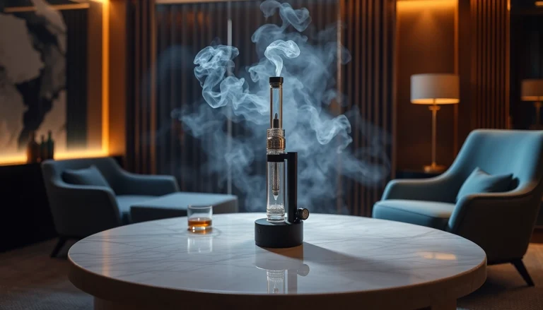 Explore the state-of-the-art electric dab rig showcased in a luxurious setting with elegant smoke and rich colors.