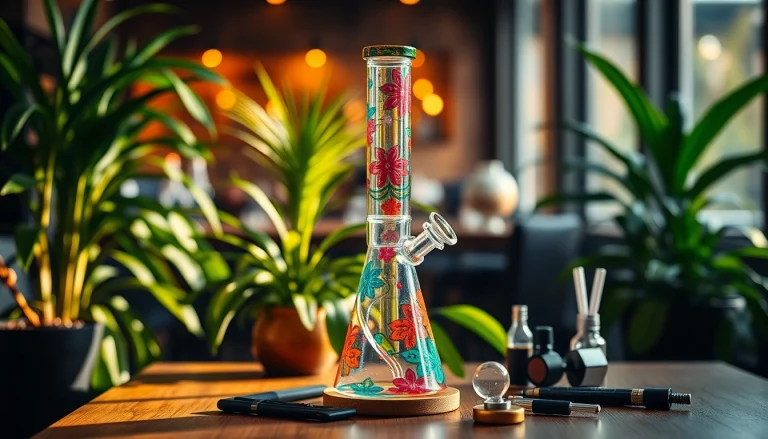 Explore a vibrant glass bong on a wooden table surrounded by lush plants.