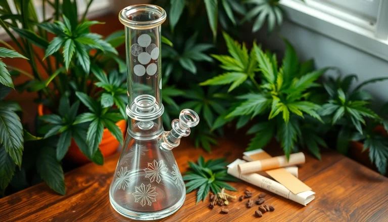 Discover a beautifully crafted bong on a wooden table, highlighted with natural lighting and green plants.