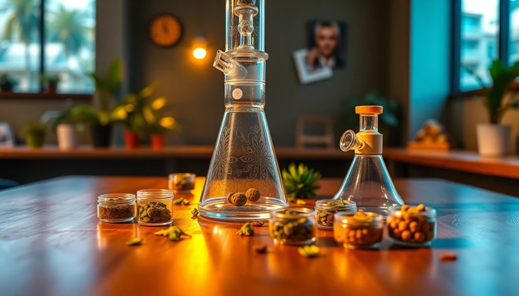 Explore a beautifully designed bong setup featuring a glass bong, vibrant herbs, and a cozy atmosphere.