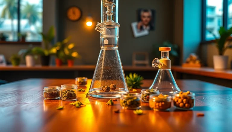 Explore a beautifully designed bong setup featuring a glass bong, vibrant herbs, and a cozy atmosphere.