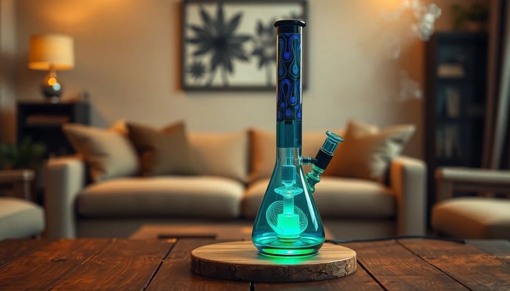 An elegant electric dab rig emits smooth vapor, showcasing rich colors and intricate designs on a wooden table.