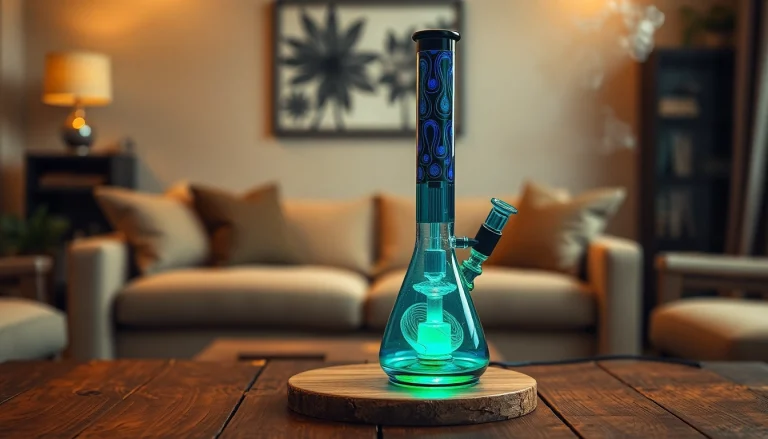 An elegant electric dab rig emits smooth vapor, showcasing rich colors and intricate designs on a wooden table.