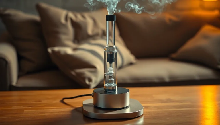Experience the smooth vapor of an electric dab rig elegantly displayed on a wooden table.