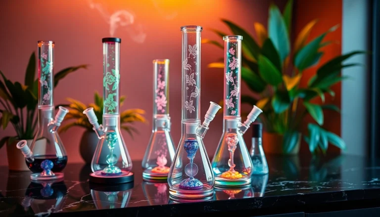 Explore a stunning collection of unique bongs displayed elegantly, showcasing craftsmanship and vibrant colors.