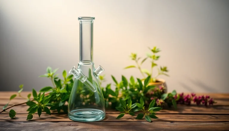 Explore the intricate design of a beautiful glass bong on a rustic table surrounded by lush greenery.